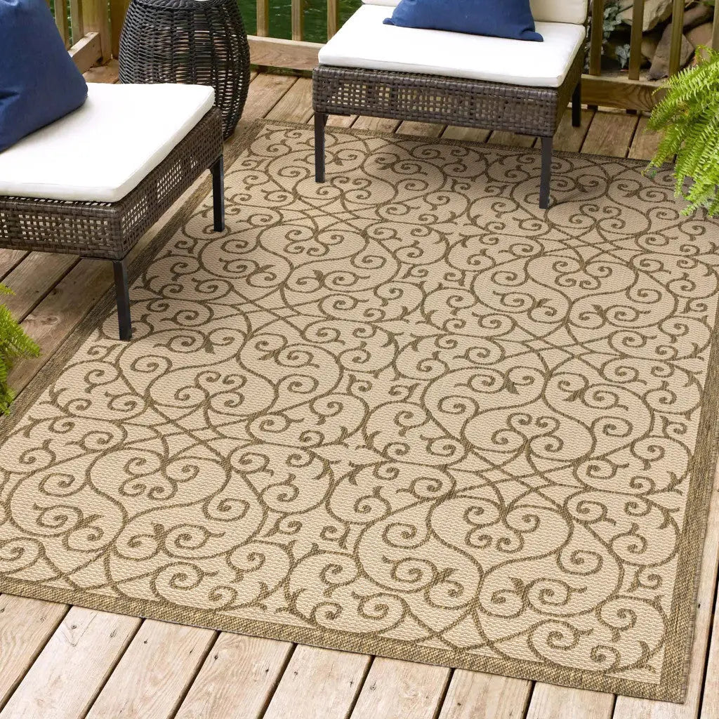 5' X 8' Beige And Brown Geometric Indoor Outdoor Area Rug Homeroots Outdoor