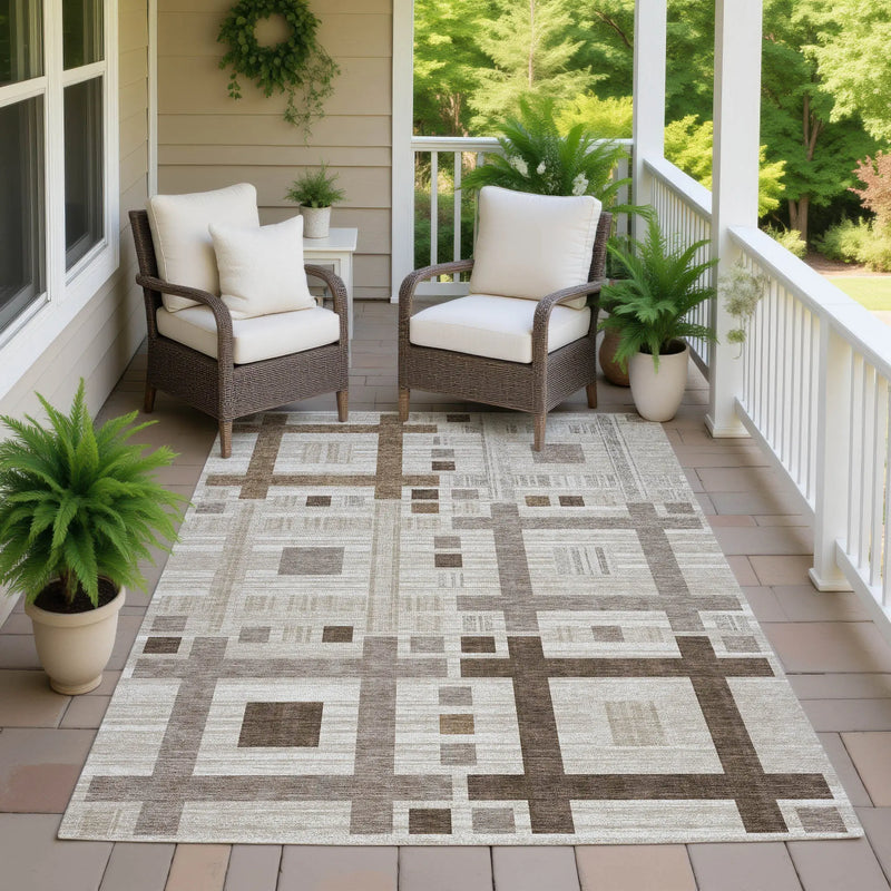 5' X 8' Beige And Brown Geometric Washable Indoor Outdoor Area Rug Homeroots Outdoor