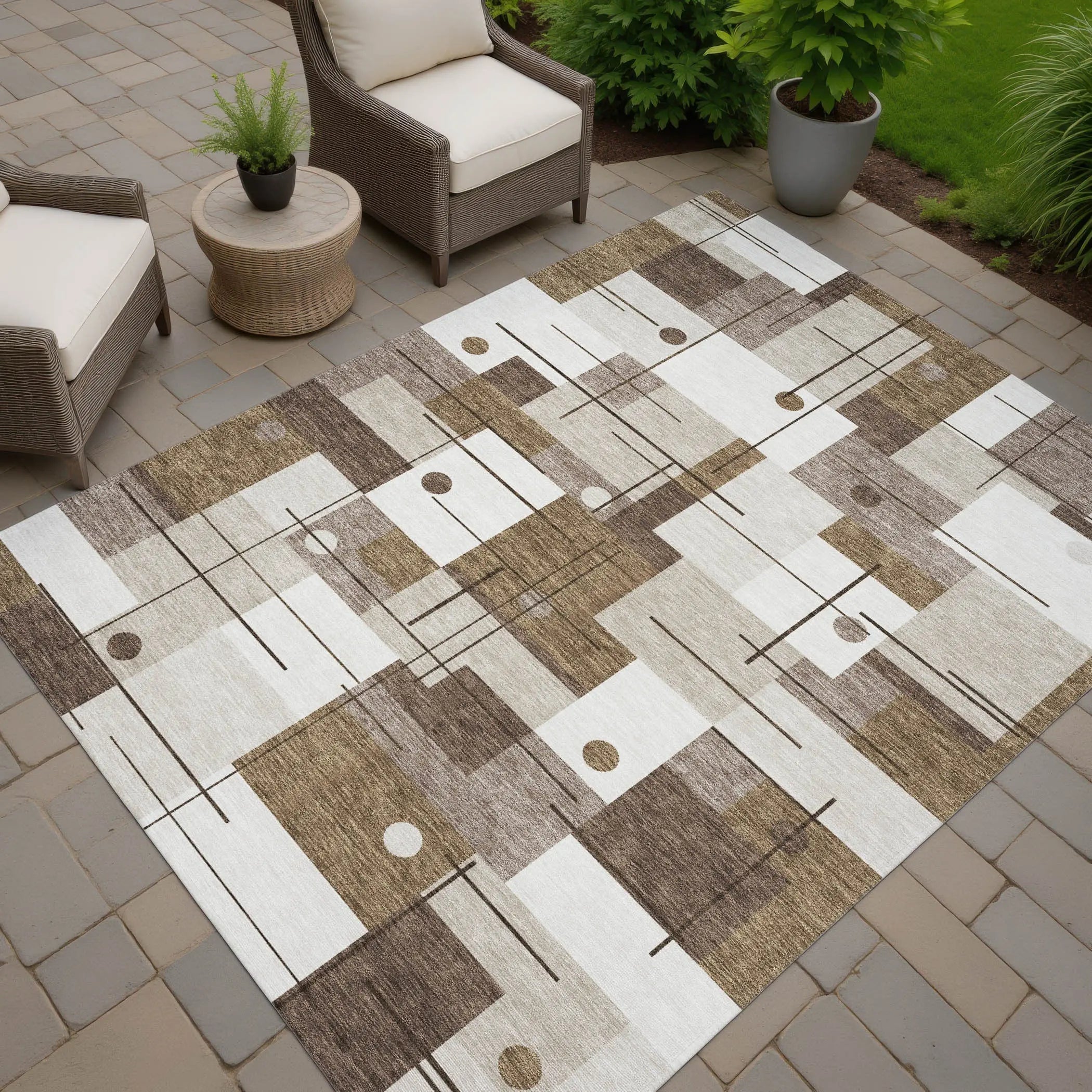 5' X 8' Beige And Brown Geometric Washable Indoor Outdoor Area Rug Homeroots Outdoor