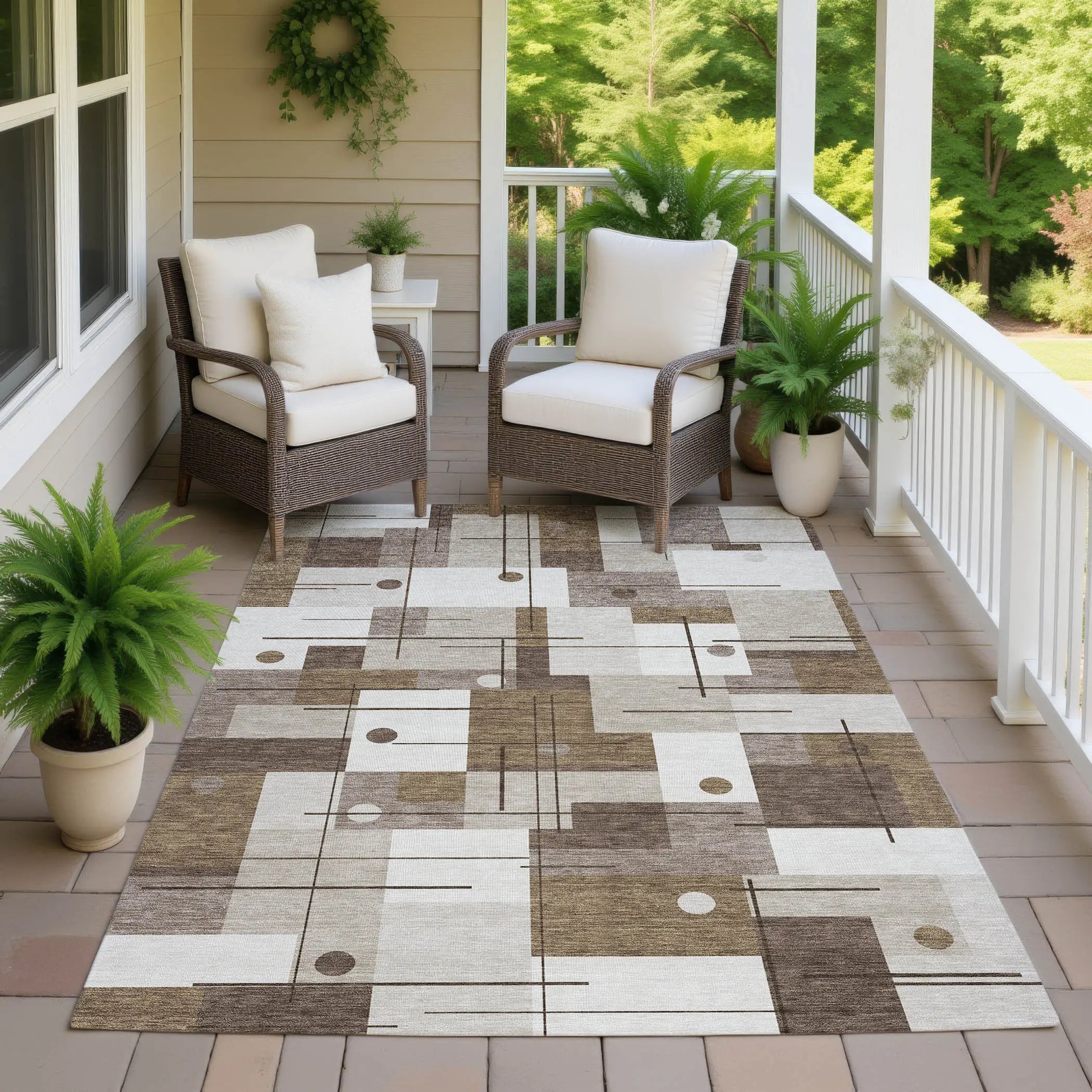 5' X 8' Beige And Brown Geometric Washable Indoor Outdoor Area Rug Homeroots Outdoor