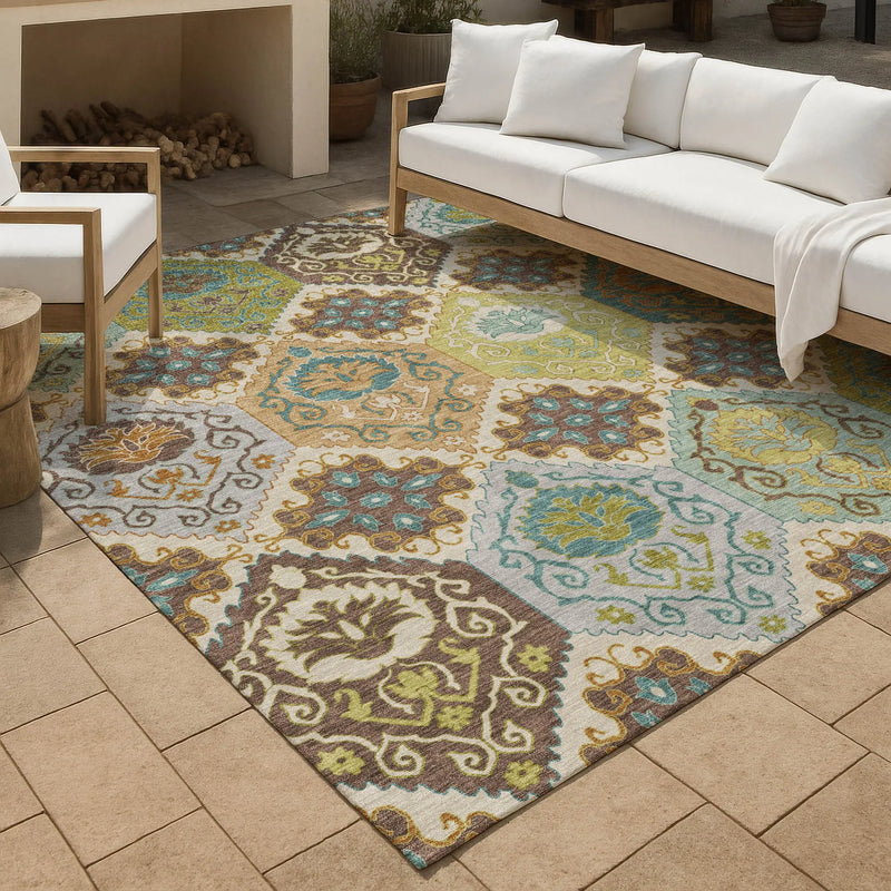 5' X 8' Beige And Brown Geometric Washable Indoor Outdoor Area Rug Homeroots Outdoor