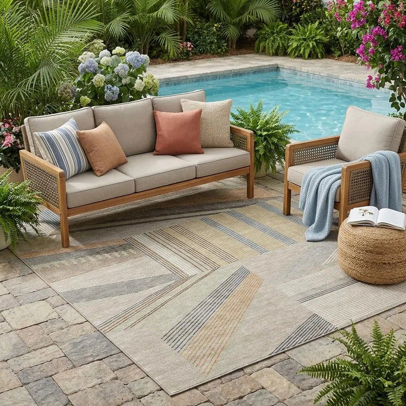 5' X 8' Beige And Brown Geometric Washable Indoor Outdoor Area Rug Homeroots Outdoor