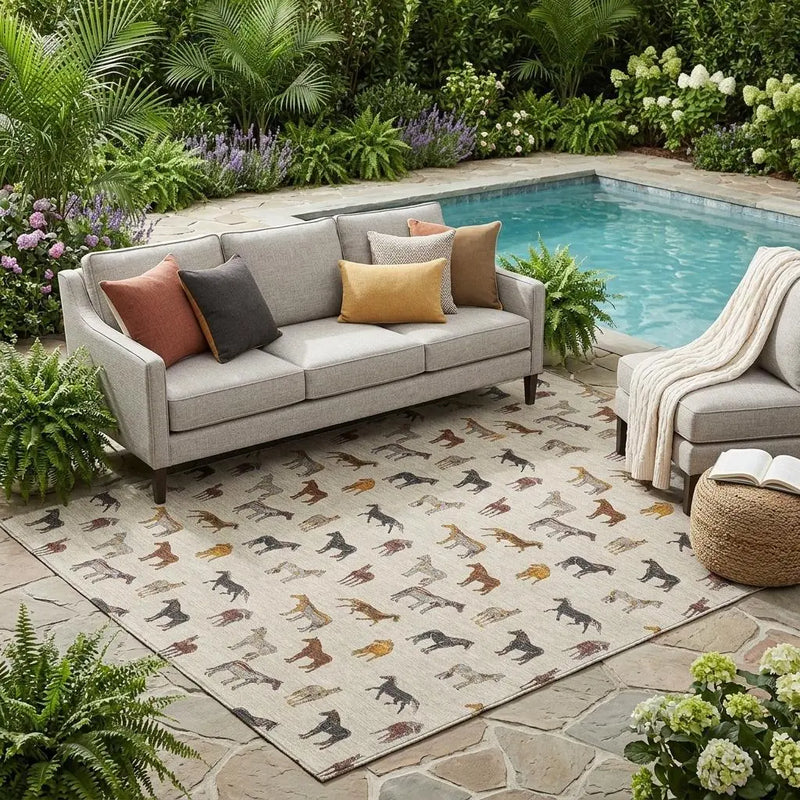 5' X 8' Beige And Brown Horse Washable Indoor Outdoor Area Rug Homeroots Outdoor