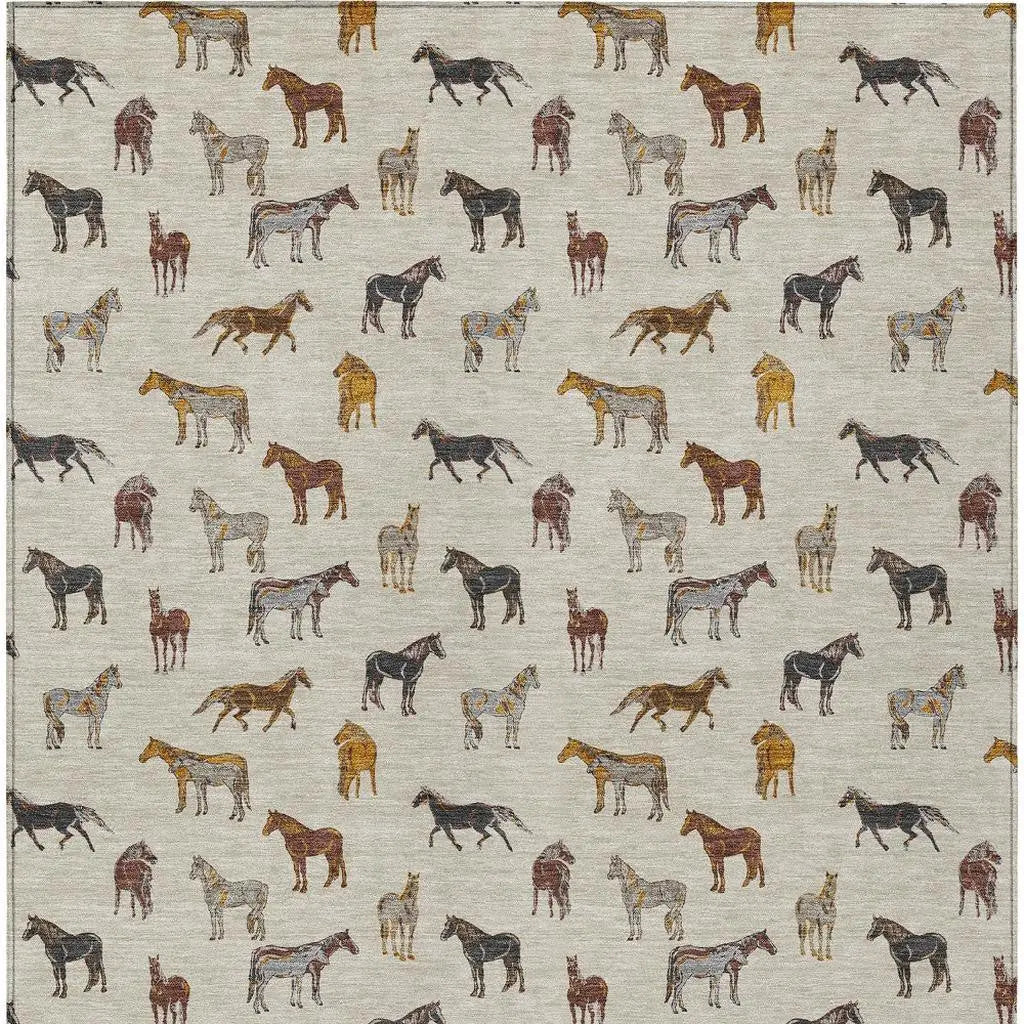 5' X 8' Beige And Brown Horse Washable Indoor Outdoor Area Rug Homeroots Outdoor