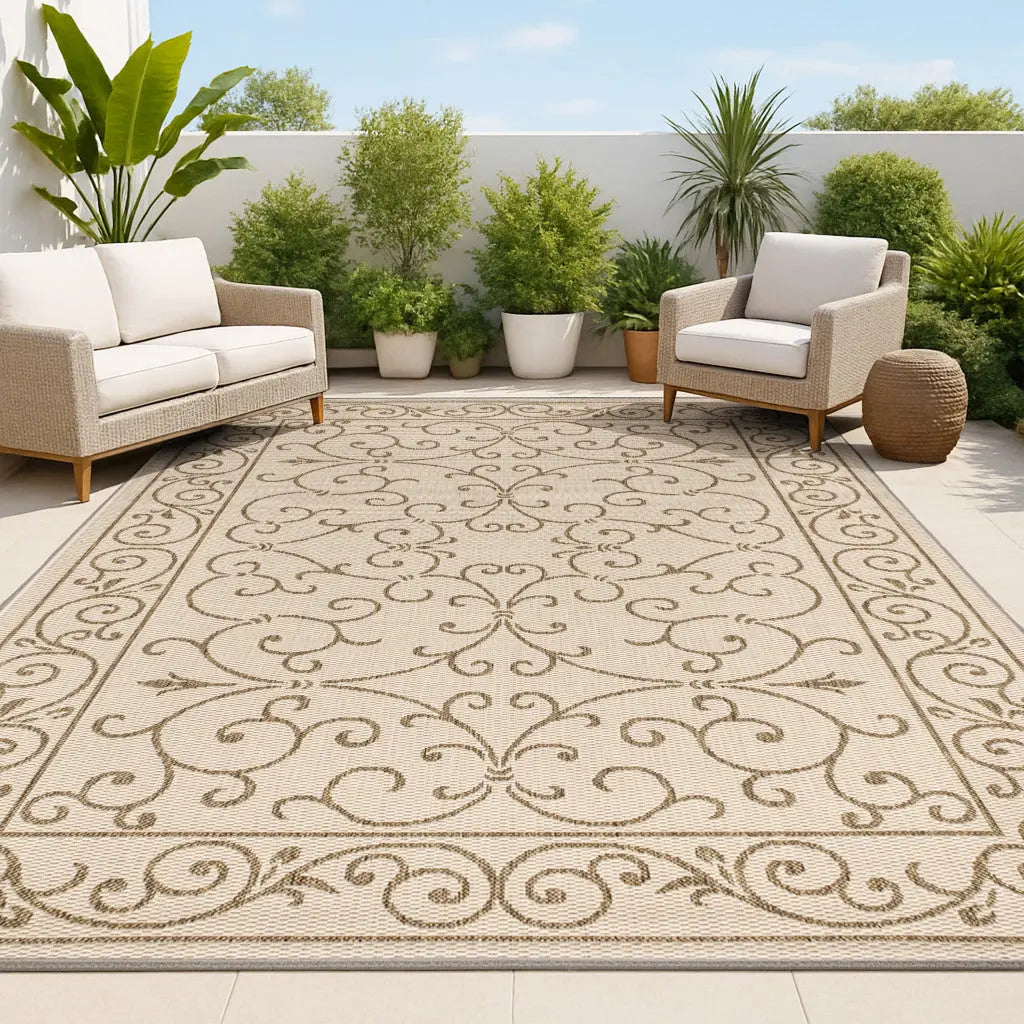 5' X 8' Beige And Brown Medallion Indoor Outdoor Area Rug Homeroots Outdoor