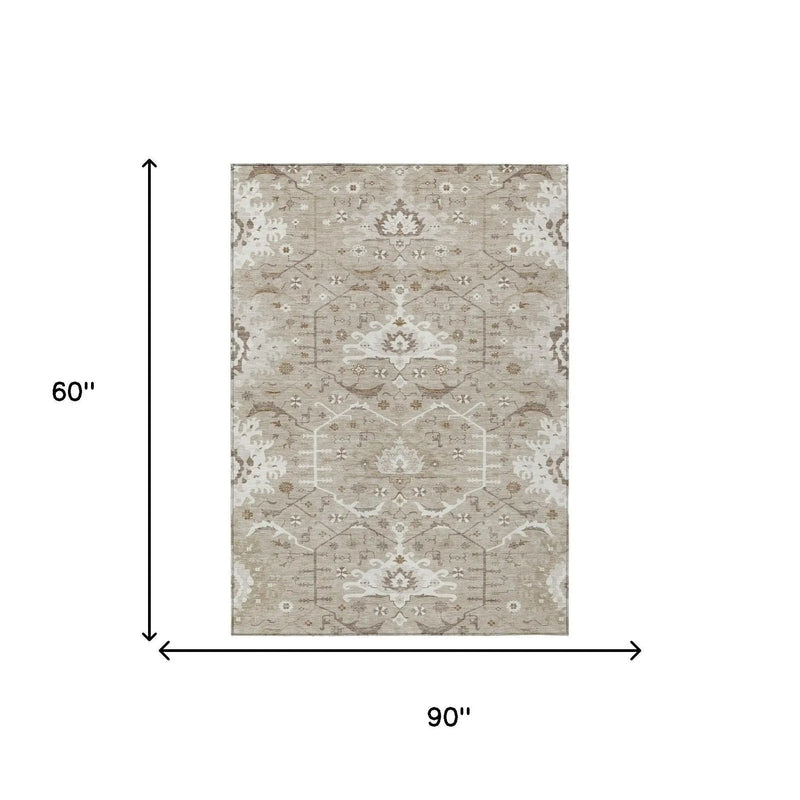 5' X 8' Beige And Brown Oriental Washable Indoor Outdoor Area Rug Homeroots Outdoor