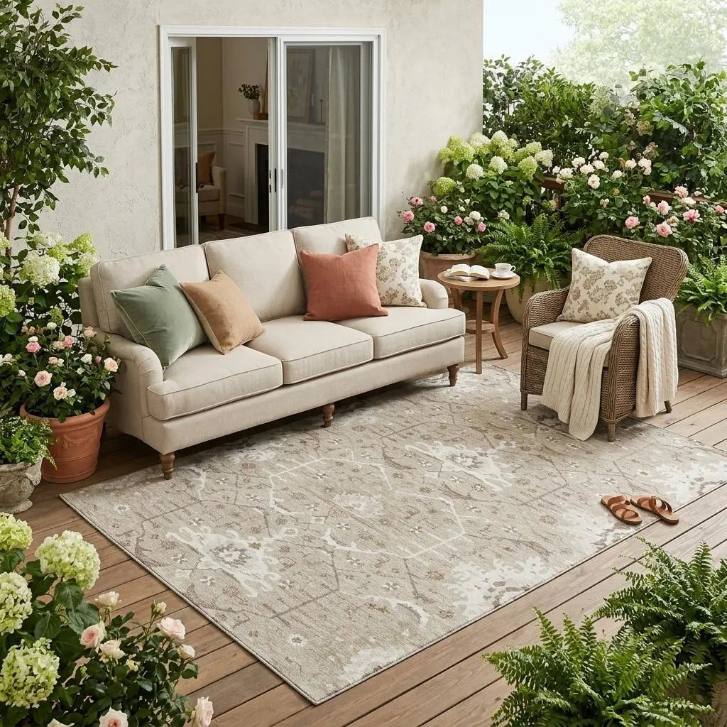 5' X 8' Beige And Brown Oriental Washable Indoor Outdoor Area Rug Homeroots Outdoor