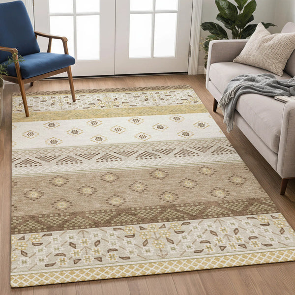 5' X 8' Beige And Brown Striped Washable Indoor Outdoor Area Rug Homeroots Outdoor