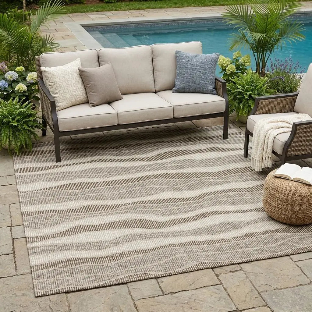 5' X 8' Beige And Brown Striped Washable Indoor Outdoor Area Rug Homeroots Outdoor