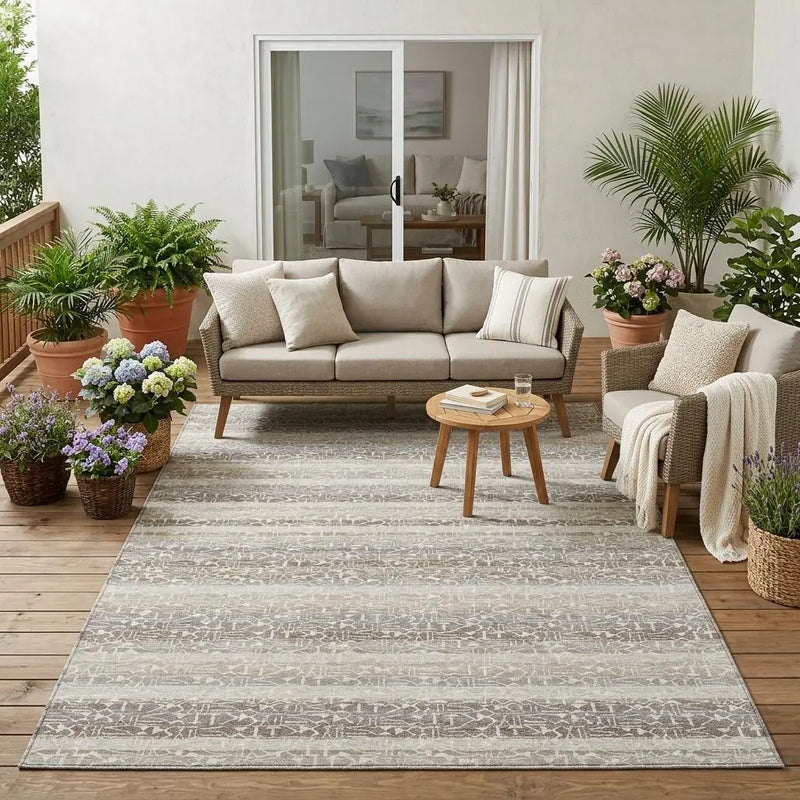 5' X 8' Beige And Brown Striped Washable Indoor Outdoor Area Rug Homeroots Outdoor