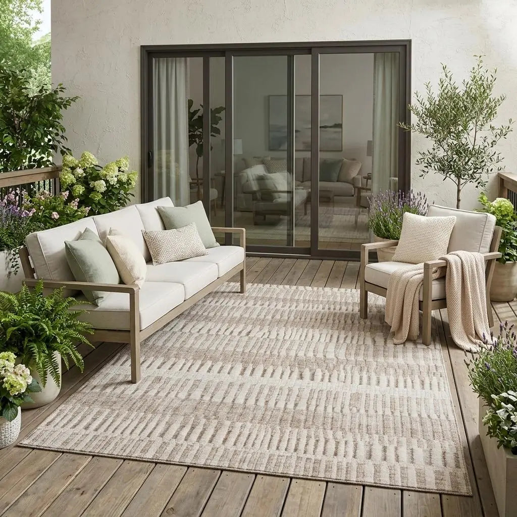 5' X 8' Beige And Brown Striped Washable Indoor Outdoor Area Rug Homeroots Outdoor