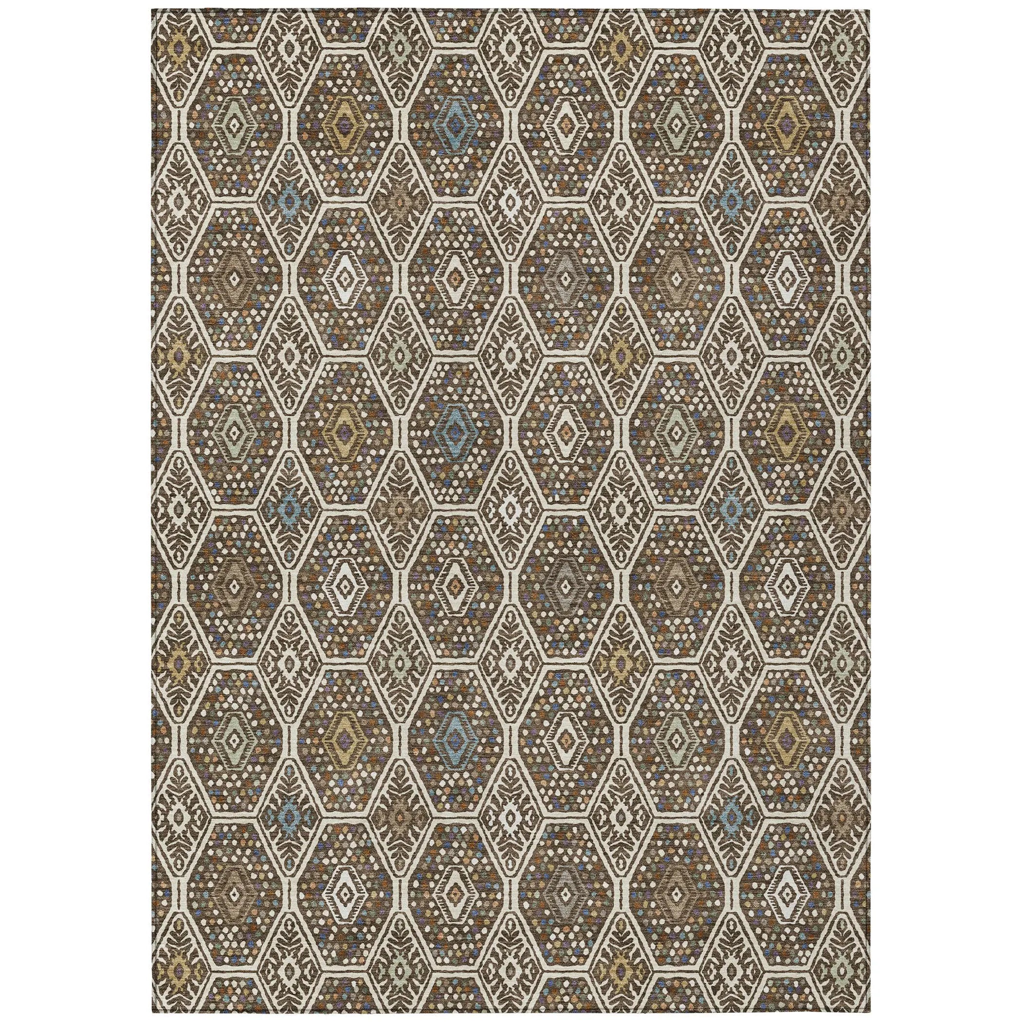 5' X 8' Beige And Chocolate Geometric Washable Indoor Outdoor Area Rug Homeroots Outdoor