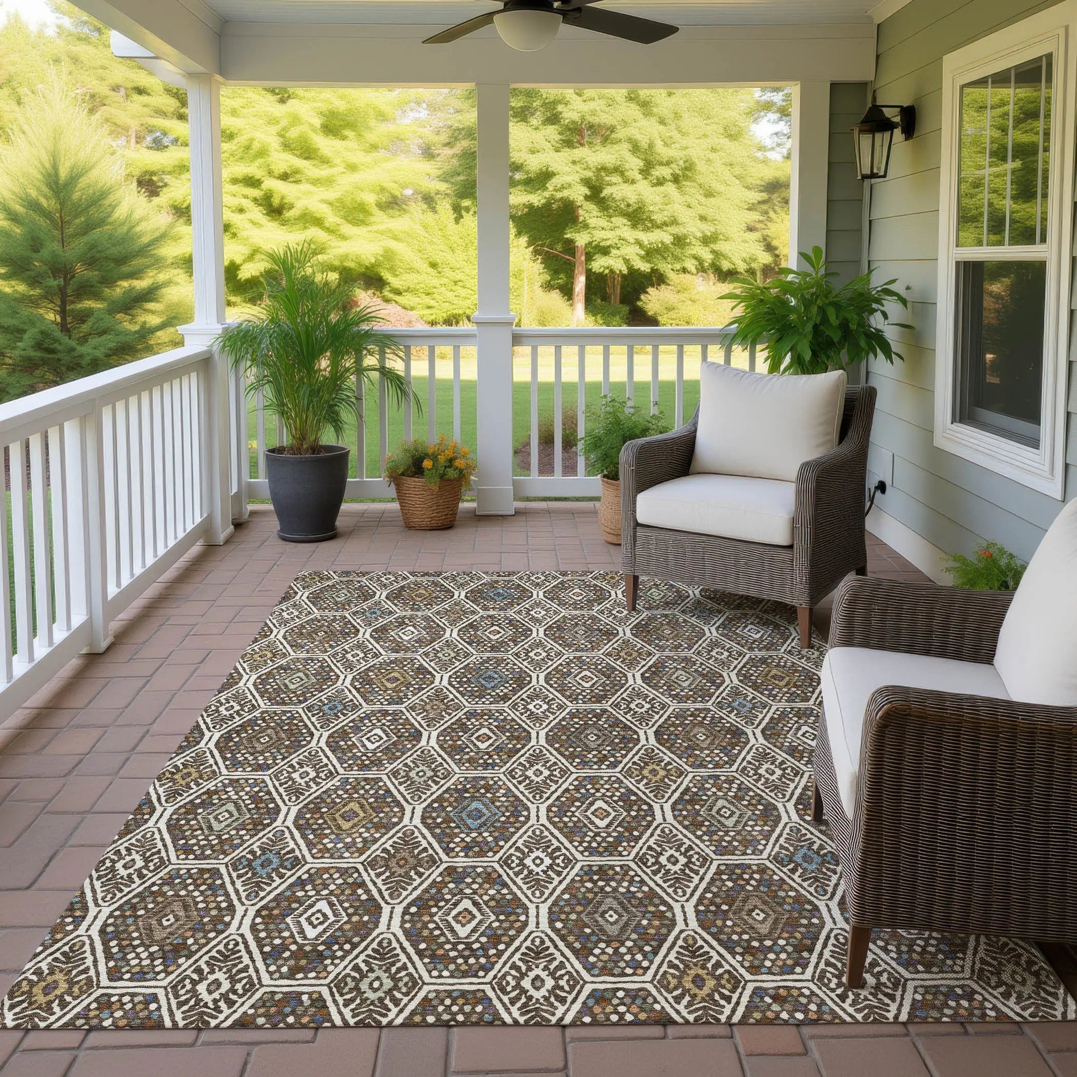 5' X 8' Beige And Chocolate Geometric Washable Indoor Outdoor Area Rug Homeroots Outdoor