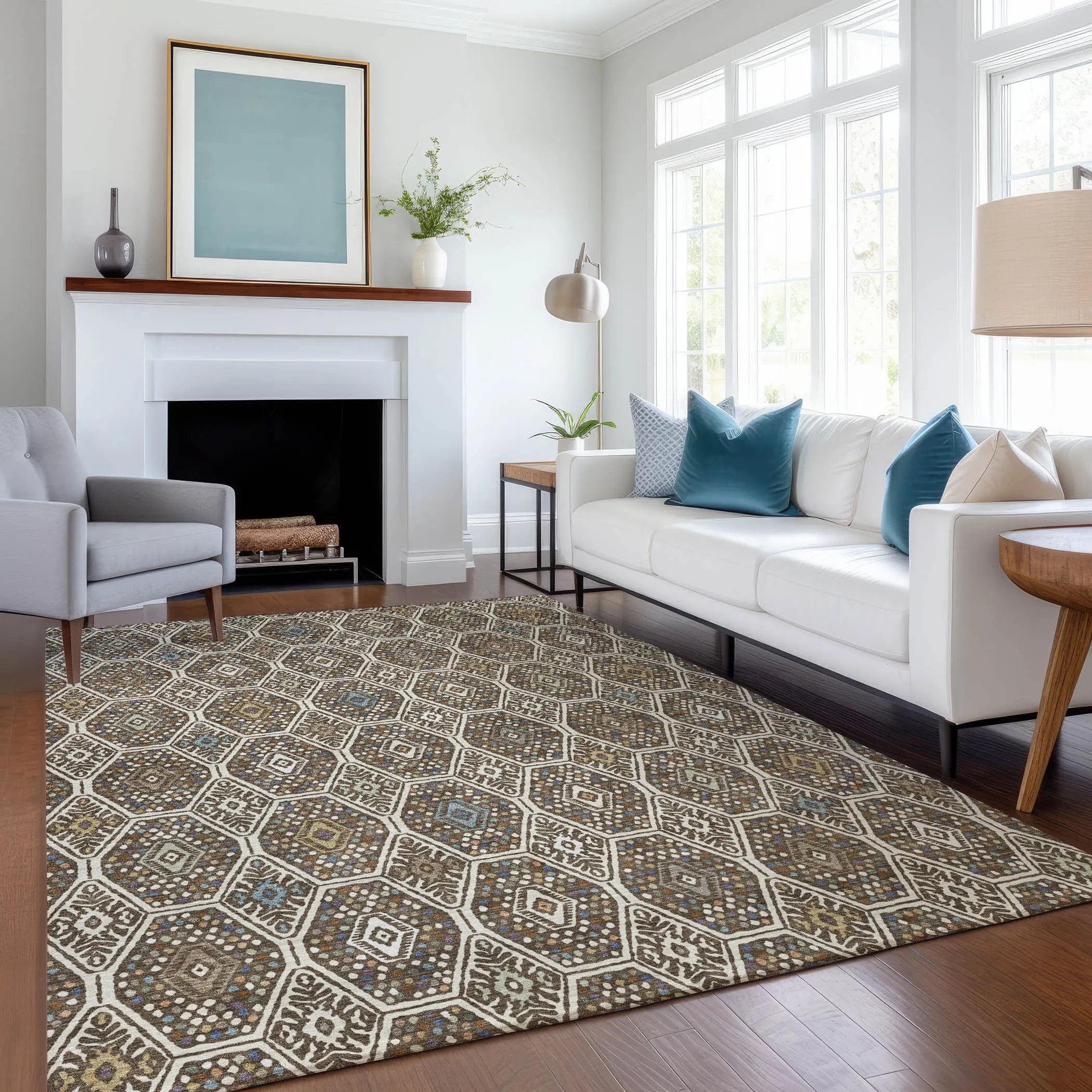 5' X 8' Beige And Chocolate Geometric Washable Indoor Outdoor Area Rug Homeroots Outdoor