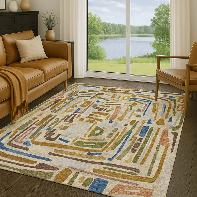 5' X 8' Beige And Copper Abstract Washable Indoor Outdoor Area Rug Homeroots Outdoor