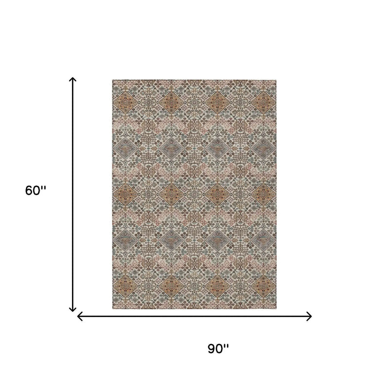 5' X 8' Beige And Copper Geometric Washable Indoor Outdoor Area Rug Homeroots Outdoor