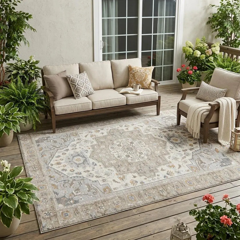 5' X 8' Beige And Copper Oriental Washable Indoor Outdoor Area Rug Homeroots Outdoor