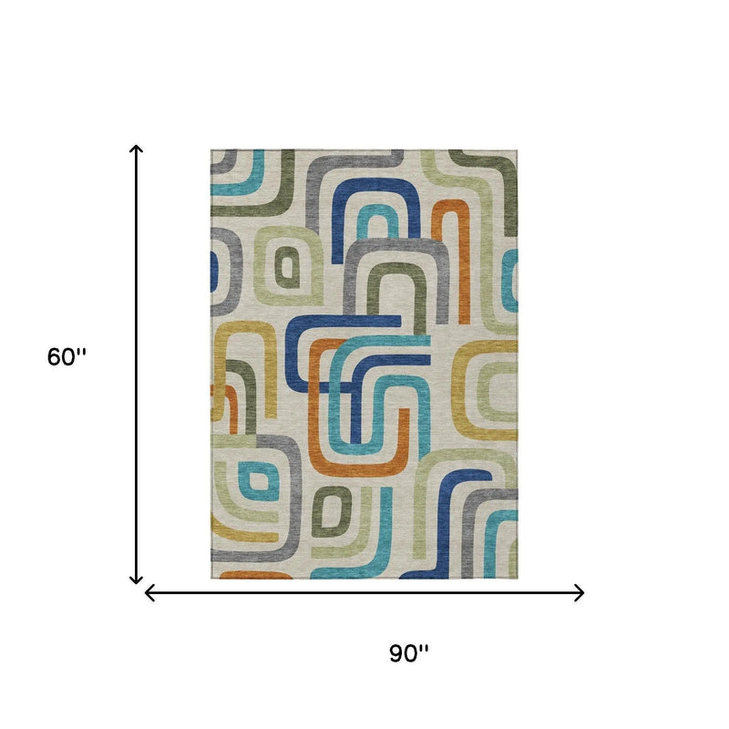 5' X 8' Beige And Green Geometric Washable Indoor Outdoor Area Rug Homeroots Outdoor