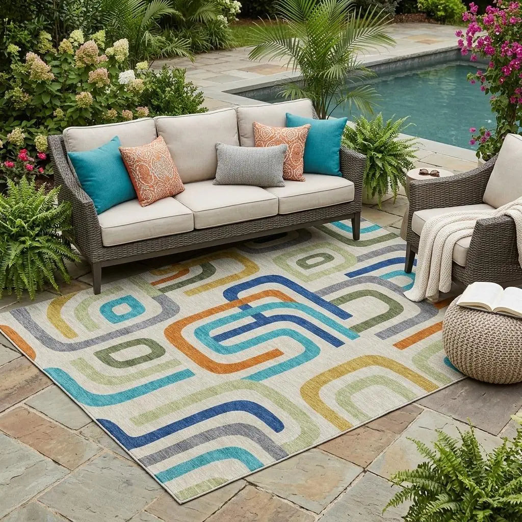 5' X 8' Beige And Green Geometric Washable Indoor Outdoor Area Rug Homeroots Outdoor