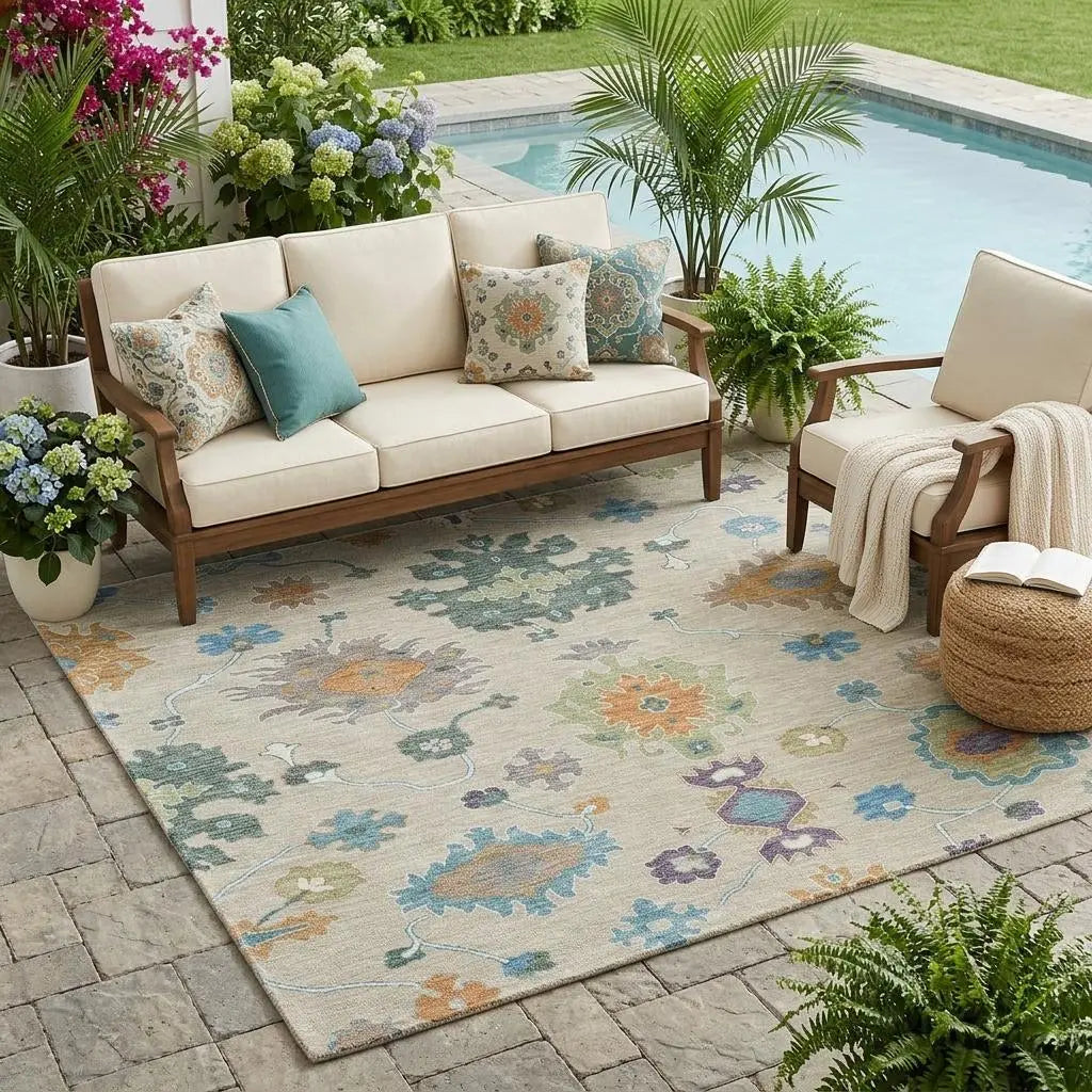 5' X 8' Beige And Green Oriental Washable Indoor Outdoor Area Rug Homeroots Outdoor