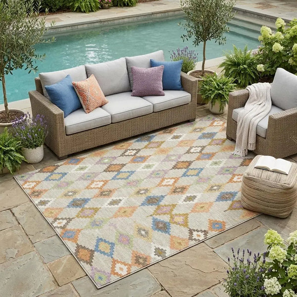 5' X 8' Beige And Ivory Aztec Washable Indoor Outdoor Area Rug Homeroots Outdoor