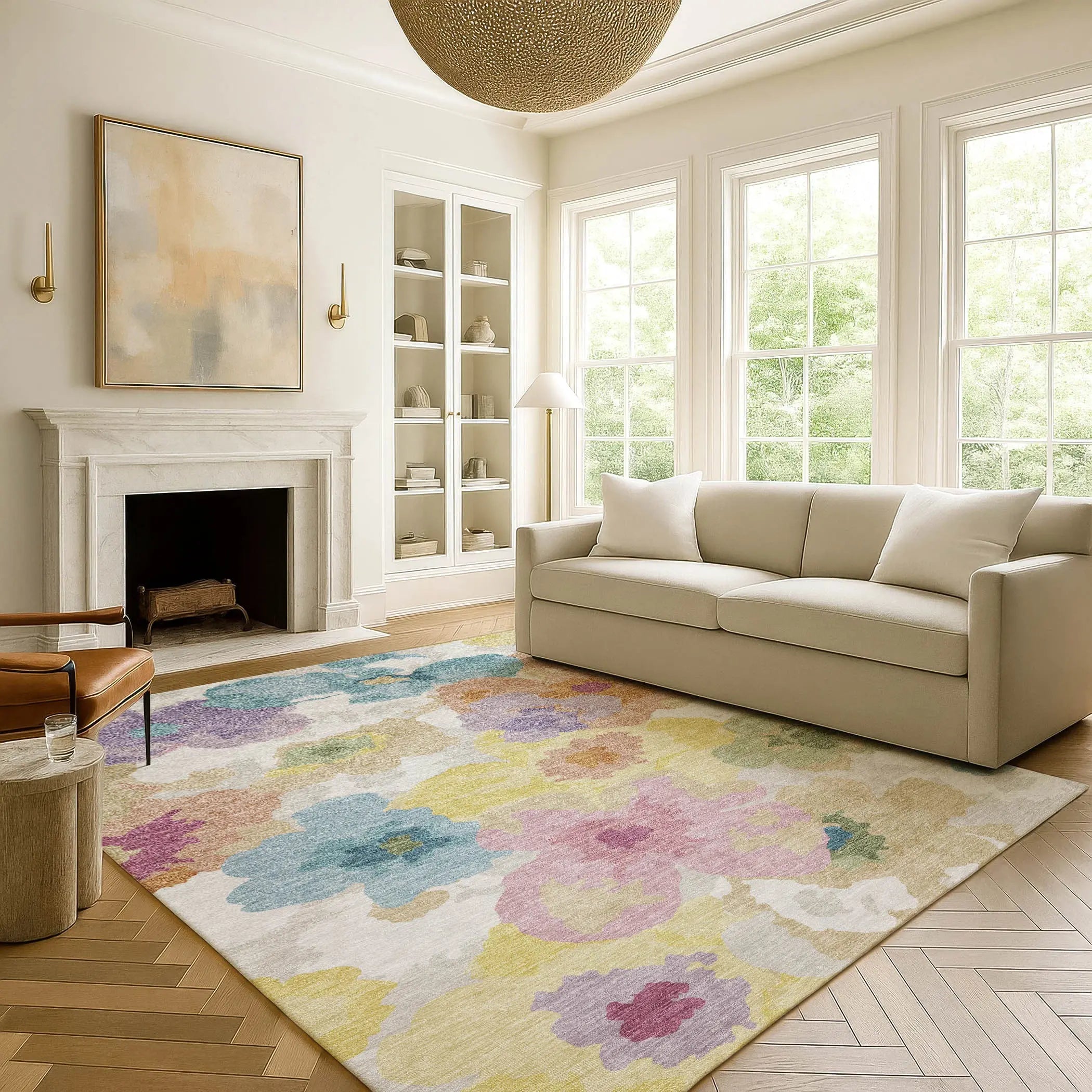 5' X 8' Beige And Ivory Floral Washable Indoor Outdoor Area Rug Homeroots Outdoor