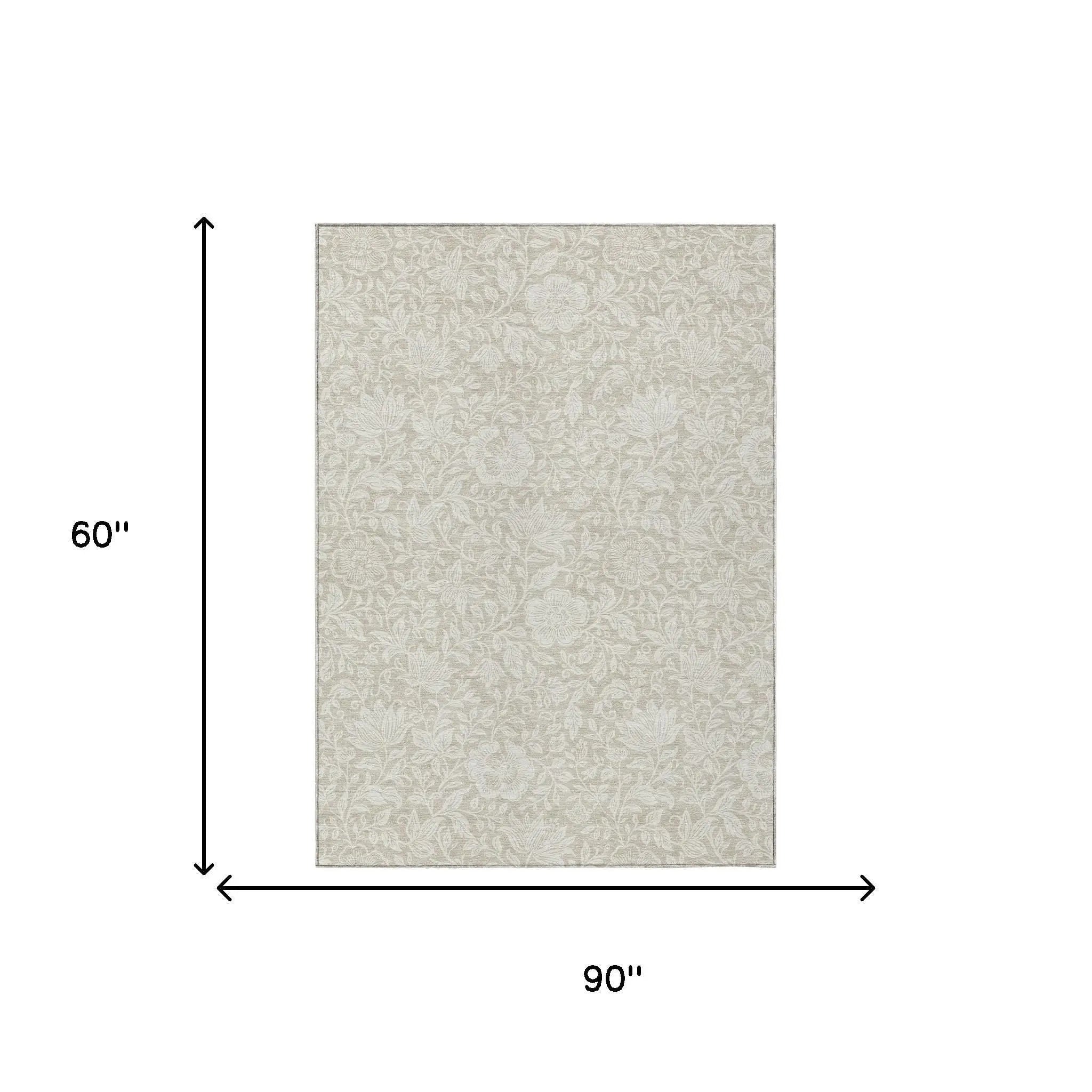 5' X 8' Beige And Ivory Floral Washable Indoor Outdoor Area Rug Homeroots Outdoor