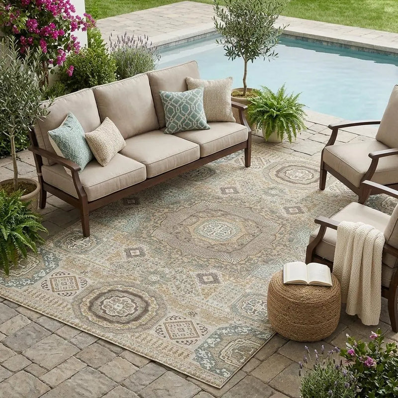 5' X 8' Beige And Ivory Oriental Washable Indoor Outdoor Area Rug Homeroots Outdoor