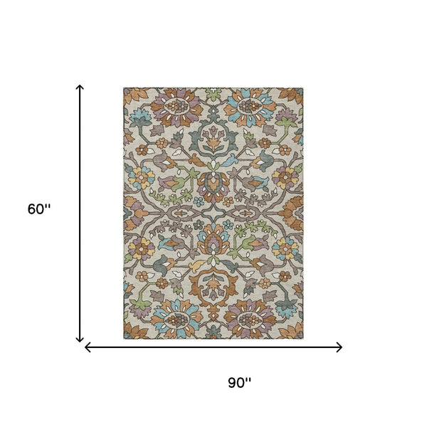 5' X 8' Beige And Orange Floral Washable Indoor Outdoor Area Rug Homeroots Outdoor
