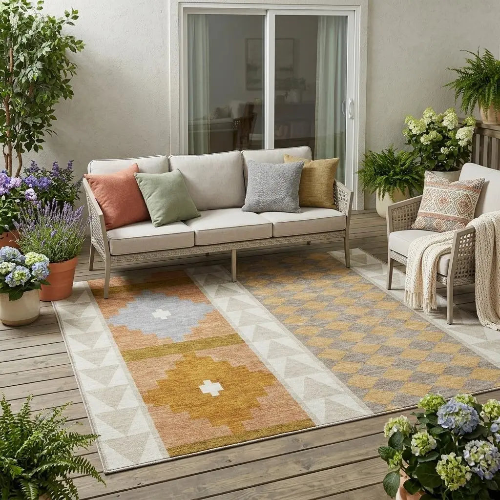 5' X 8' Beige And Orange Southwestern Washable Indoor Outdoor Area Rug Homeroots Outdoor