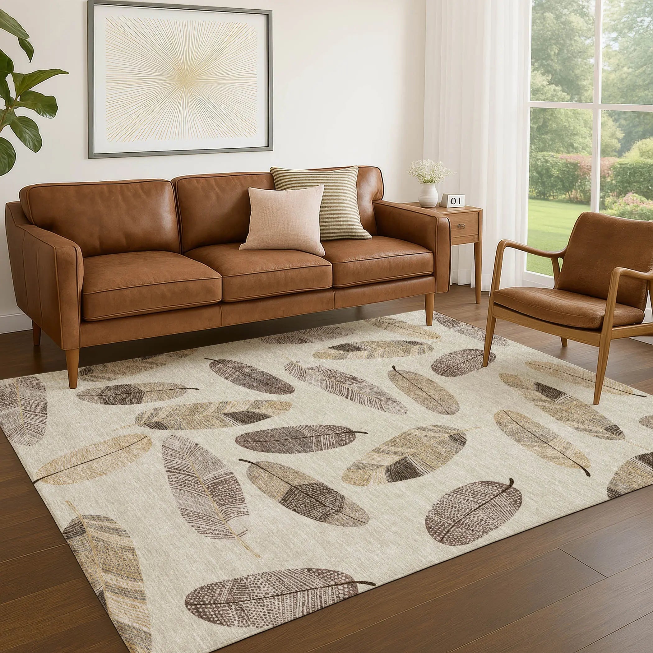 5' X 8' Beige And Sky Blue Botanical Leaves Washable Indoor Outdoor Area Rug Homeroots Outdoor