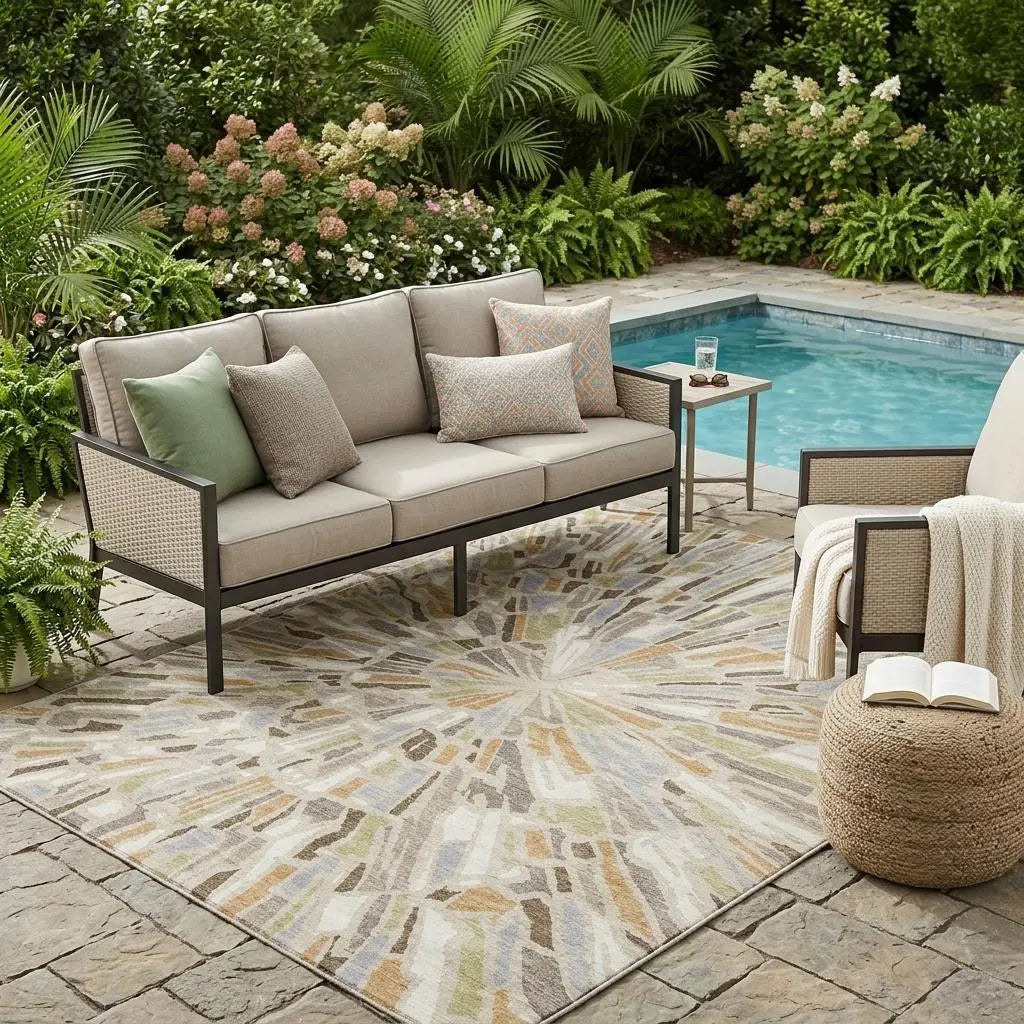 5' X 8' Beige And Taupe Abstract Washable Indoor Outdoor Area Rug Homeroots Outdoor