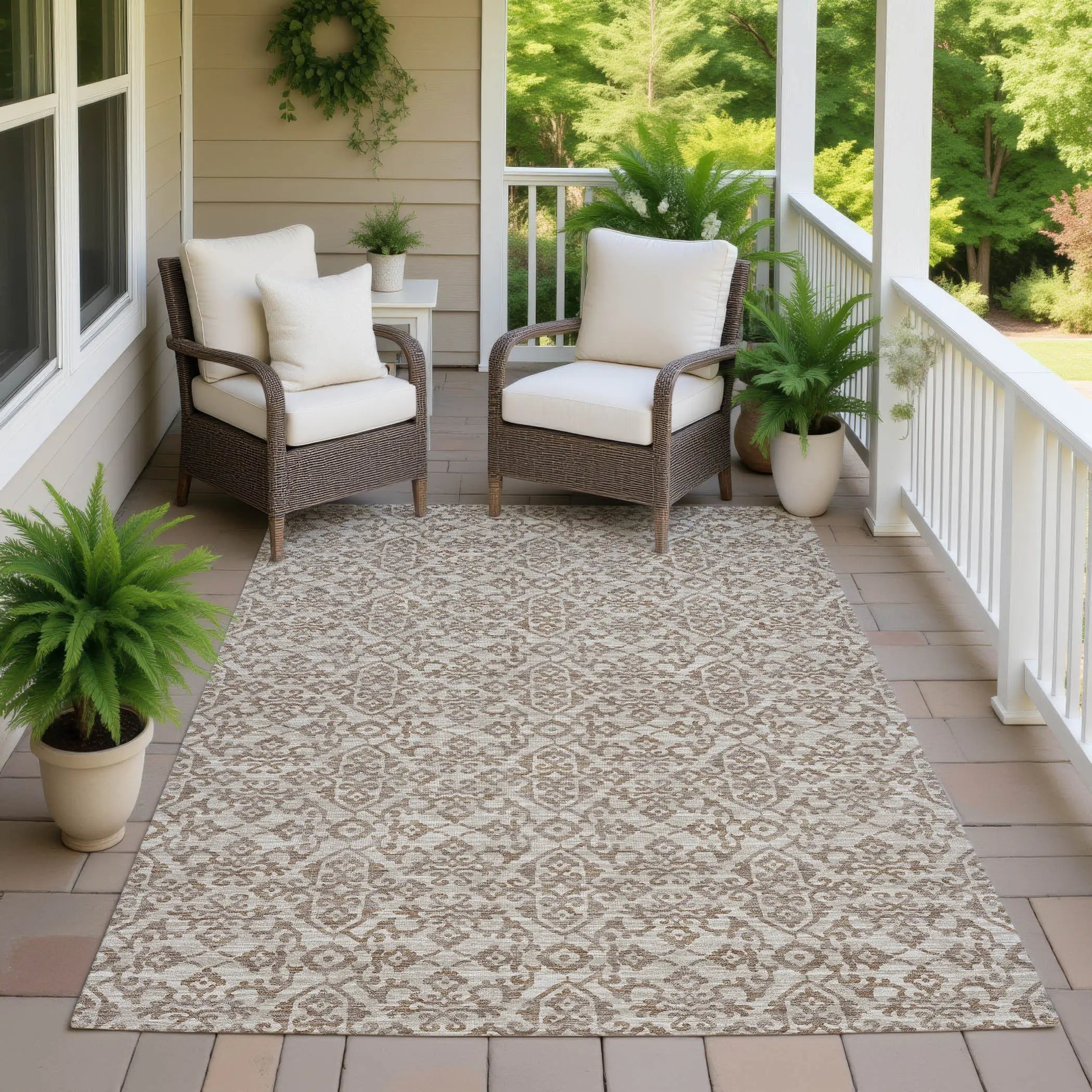 5' X 8' Beige And Taupe Oriental Washable Indoor Outdoor Area Rug Homeroots Outdoor