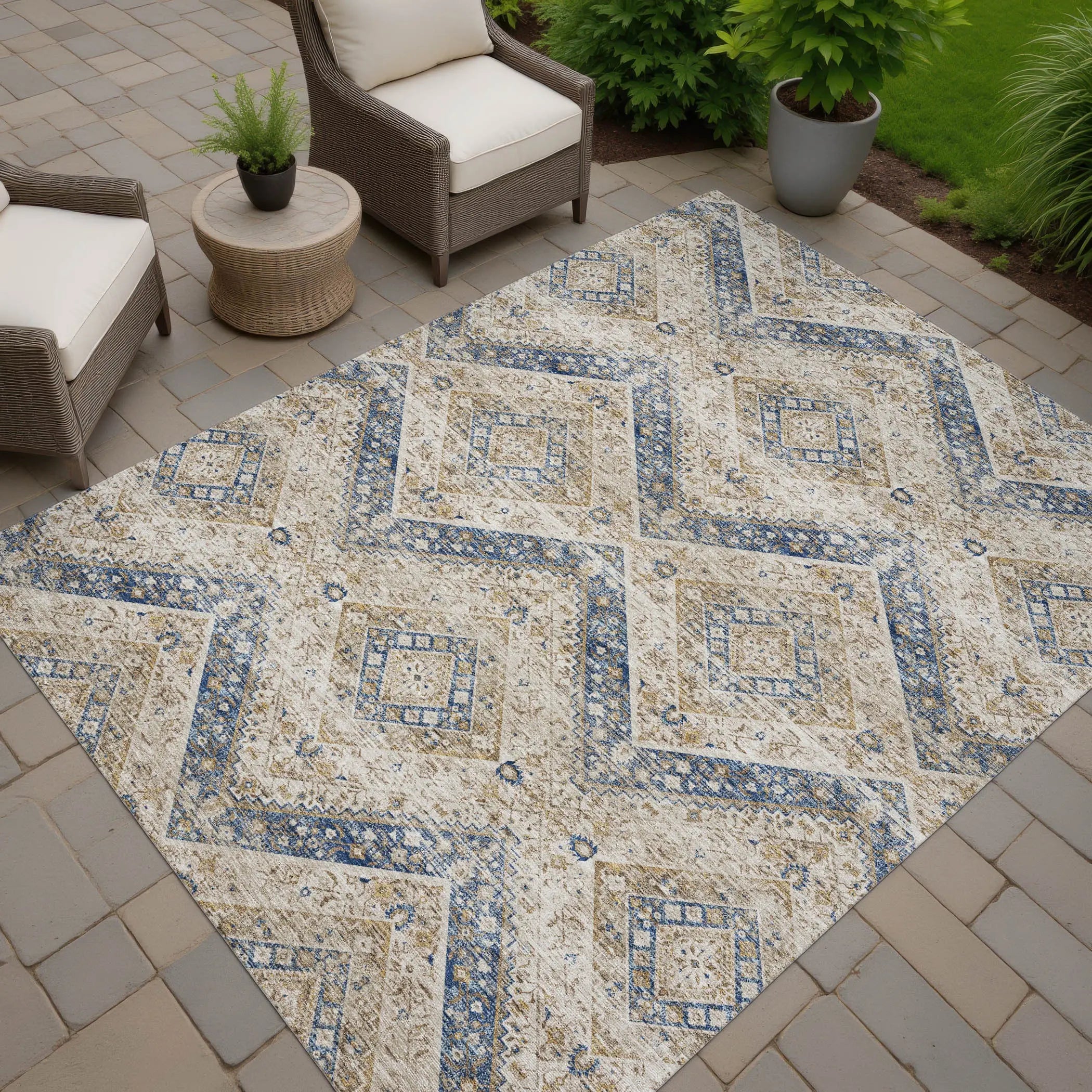 5' X 8' Beige And Teal Blue Tribal Washable Indoor Outdoor Area Rug Homeroots Outdoor