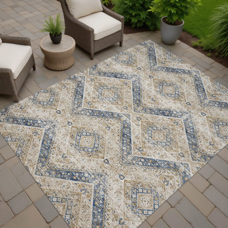5' X 8' Beige And Teal Blue Tribal Washable Indoor Outdoor Area Rug Homeroots Outdoor