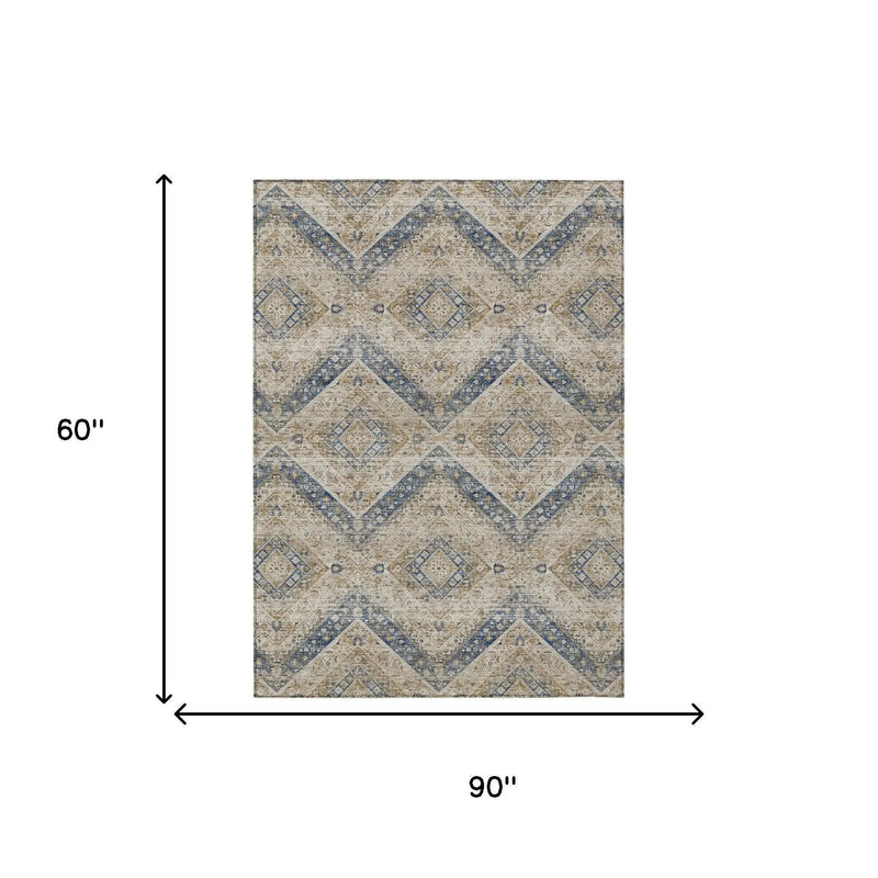 5' X 8' Beige And Teal Blue Tribal Washable Indoor Outdoor Area Rug Homeroots Outdoor