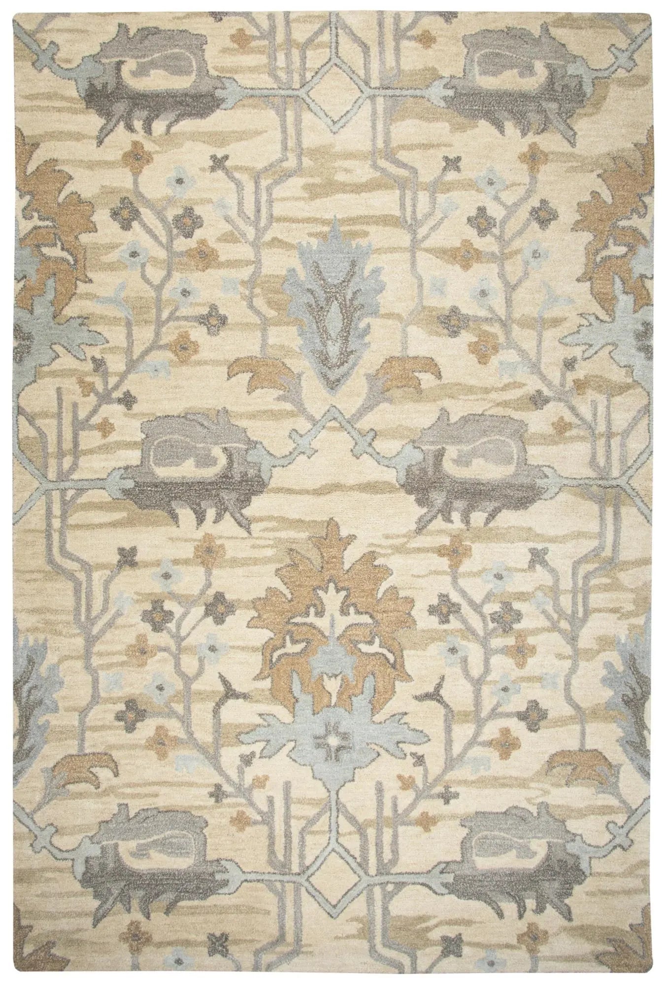 5' X 8' Beige Blue Gray Cream And Light Brown Wool Floral Hand Tufted Area Rug Homeroots Home Decor