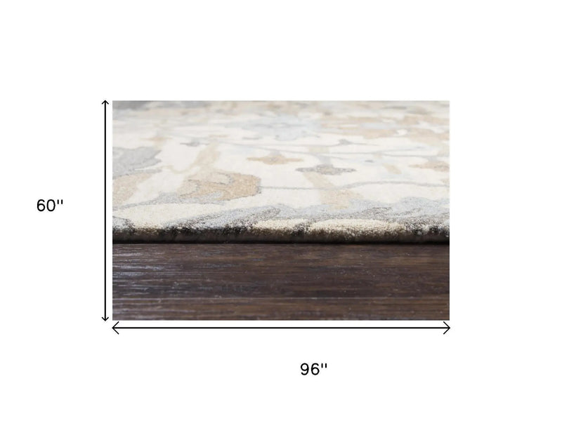 5' X 8' Beige Blue Gray Cream And Light Brown Wool Floral Hand Tufted Area Rug Homeroots Home Decor
