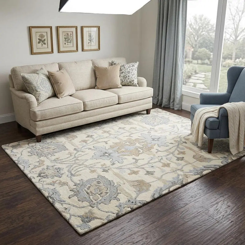 5' X 8' Beige Blue Gray Cream And Light Brown Wool Floral Hand Tufted Area Rug Homeroots Home Decor