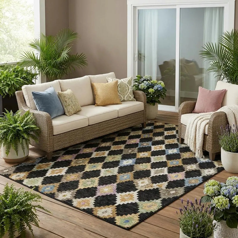 5' X 8' Black And Beige Aztec Washable Indoor Outdoor Area Rug Homeroots Outdoor