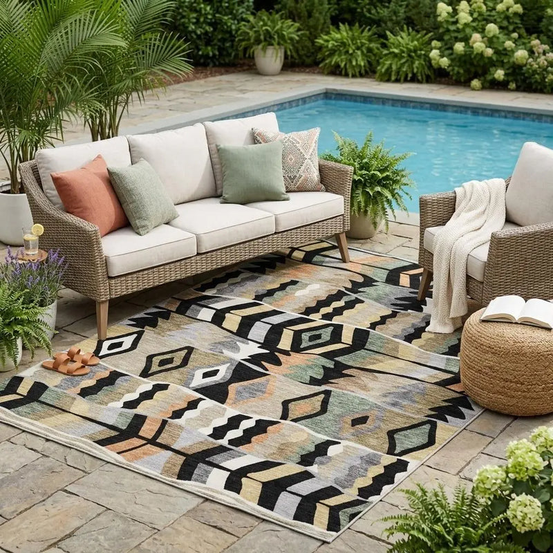 5' X 8' Black And Beige Geometric Washable Indoor Outdoor Area Rug Homeroots Outdoor