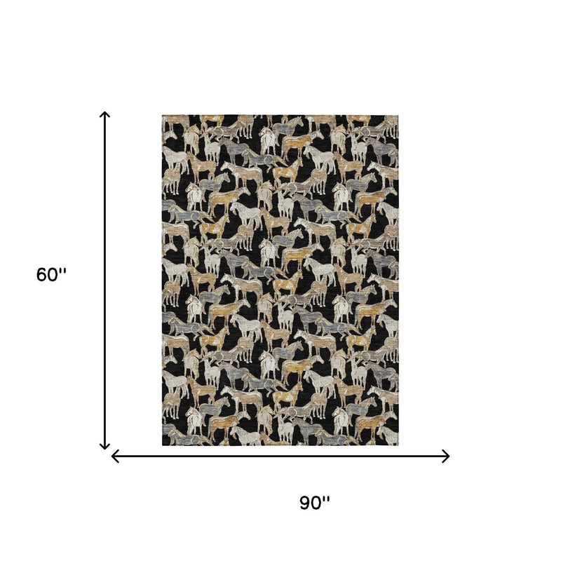 5' X 8' Black And Beige Horse Washable Indoor Outdoor Area Rug Homeroots Outdoor