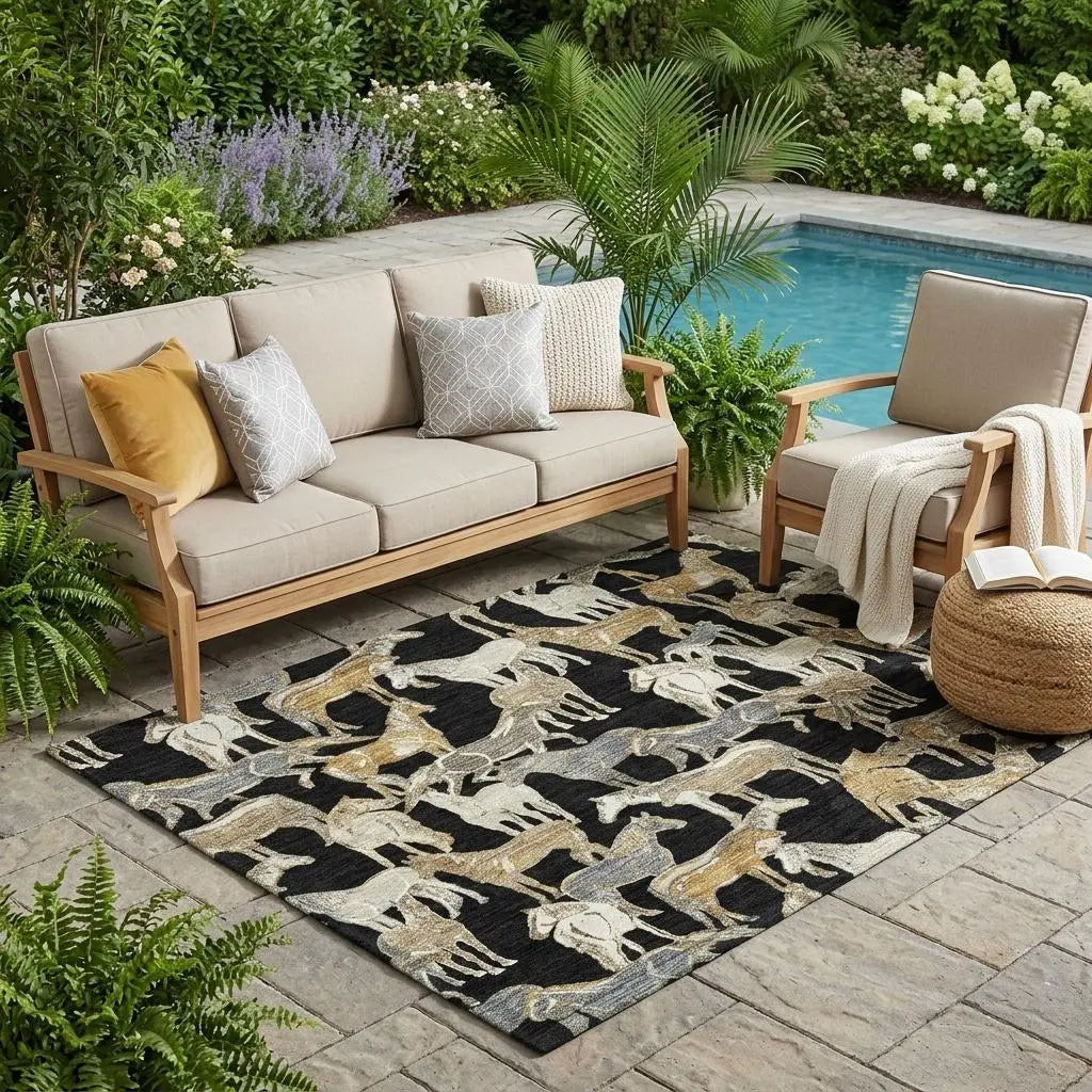 5' X 8' Black And Beige Horse Washable Indoor Outdoor Area Rug Homeroots Outdoor