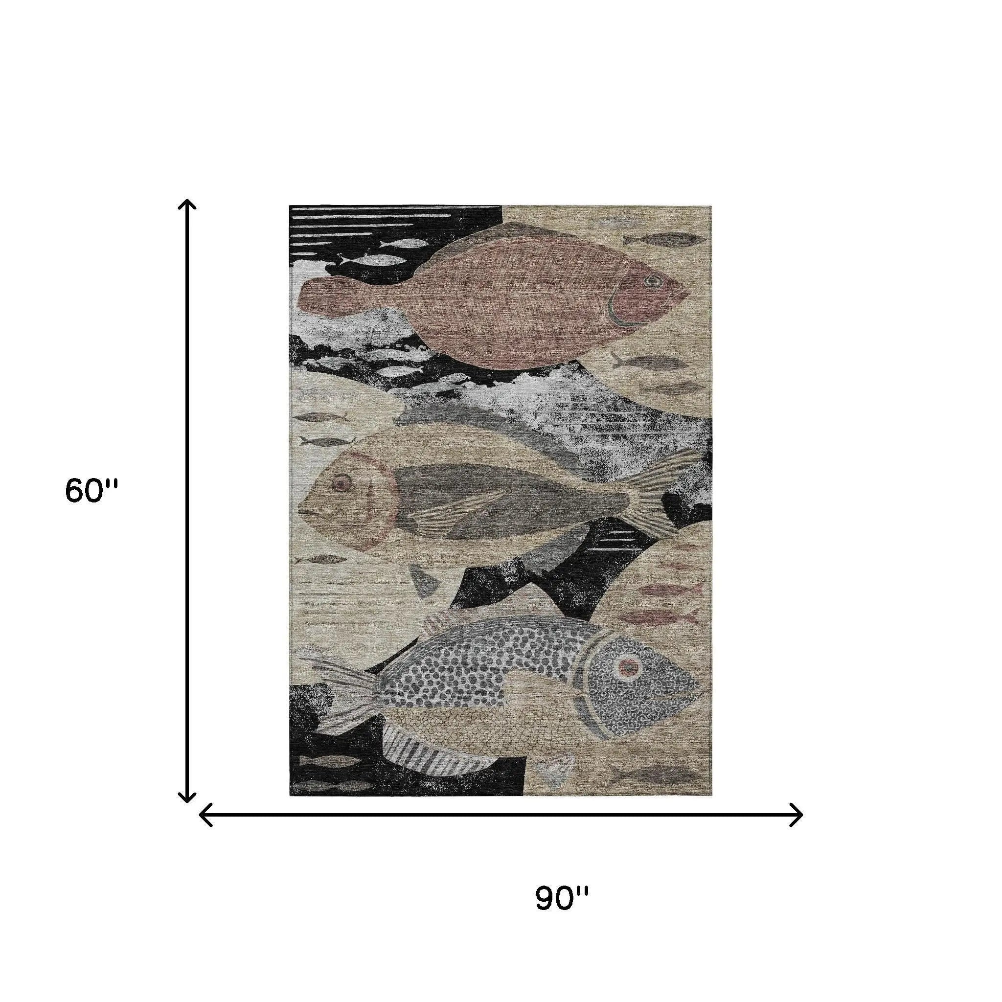 5' X 8' Black And Beige Tropical Fish Washable Indoor Outdoor Area Rug Homeroots Outdoor
