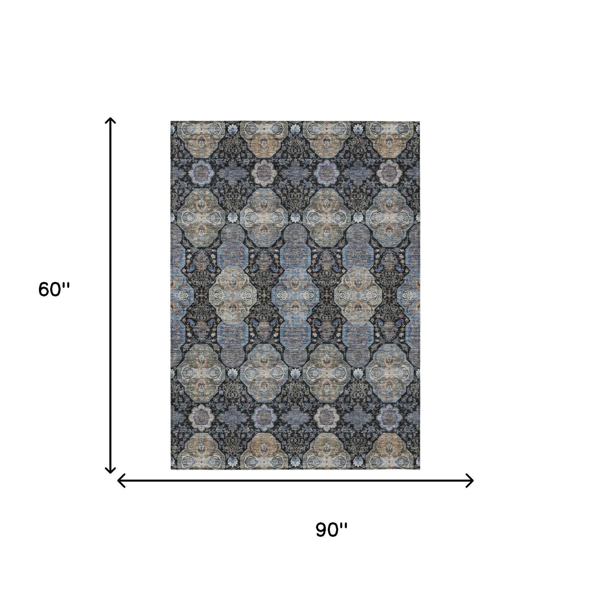 5' X 8' Black And Blue Floral Washable Indoor Outdoor Area Rug Homeroots Outdoor