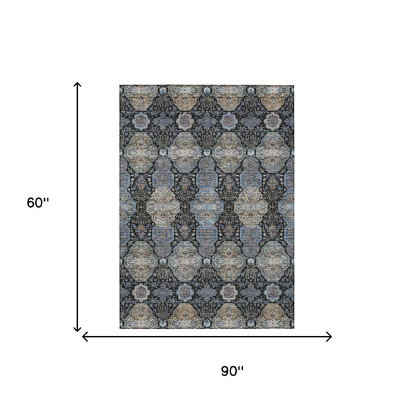 5' X 8' Black And Blue Floral Washable Indoor Outdoor Area Rug Homeroots Outdoor