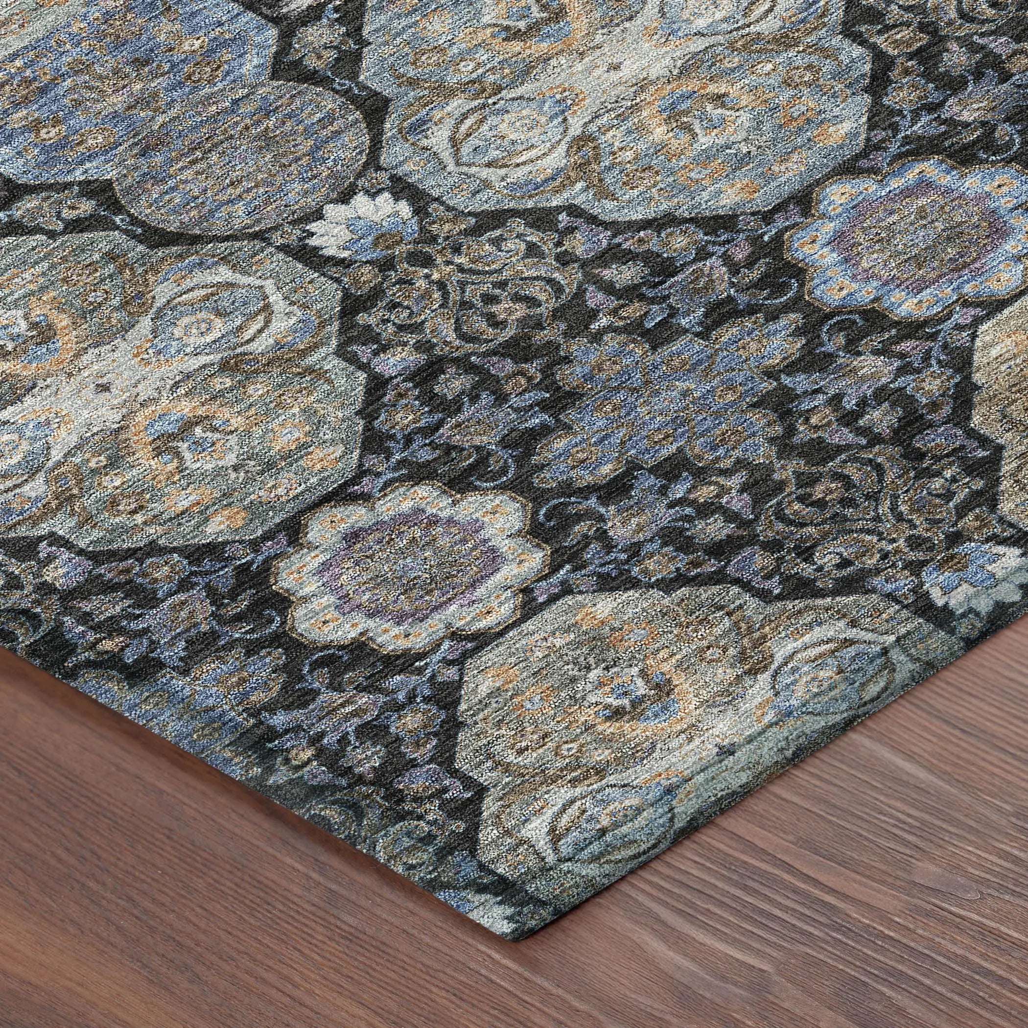 5' X 8' Black And Blue Floral Washable Indoor Outdoor Area Rug Homeroots Outdoor