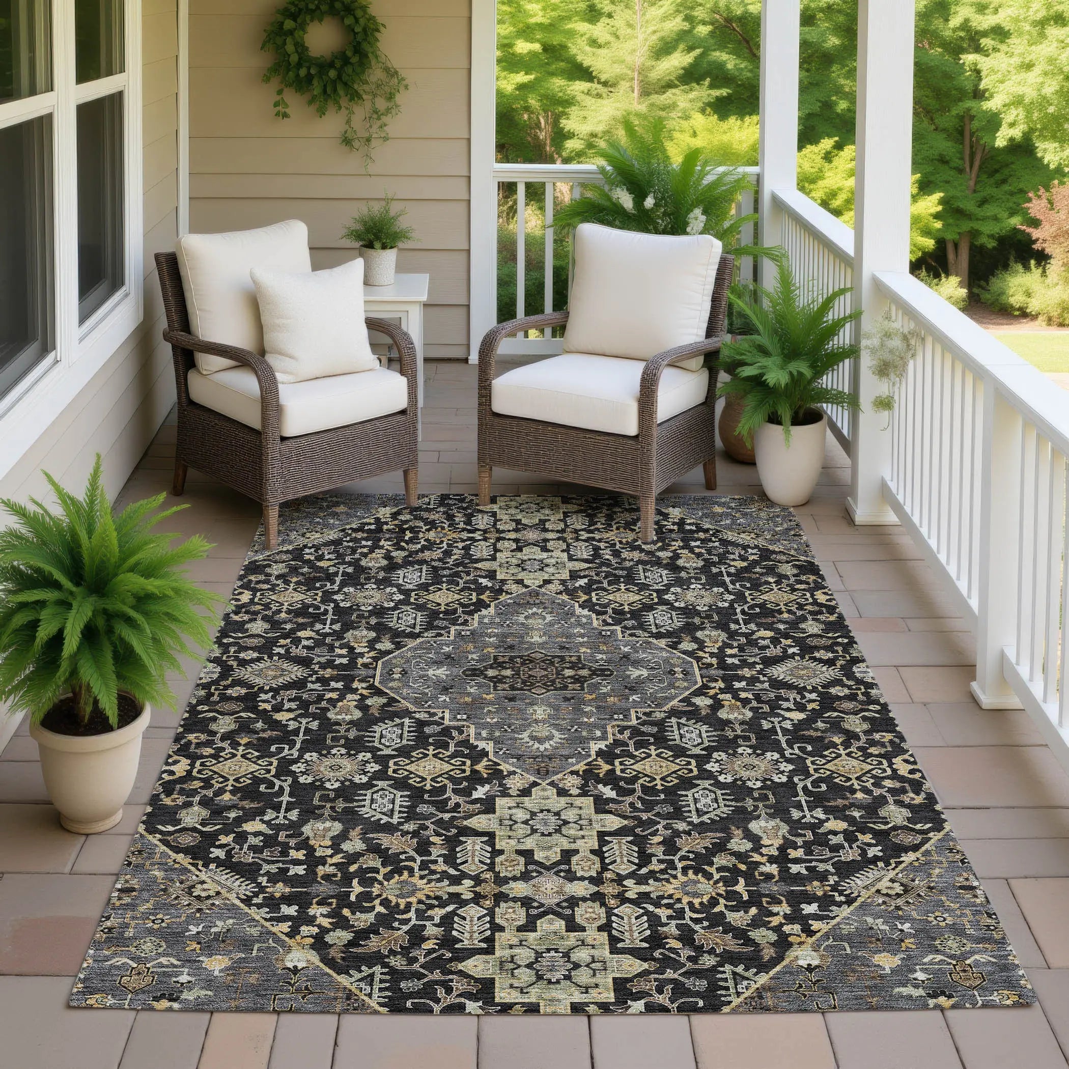5' X 8' Black And Brown Medallion Washable Indoor Outdoor Area Rug Homeroots Outdoor