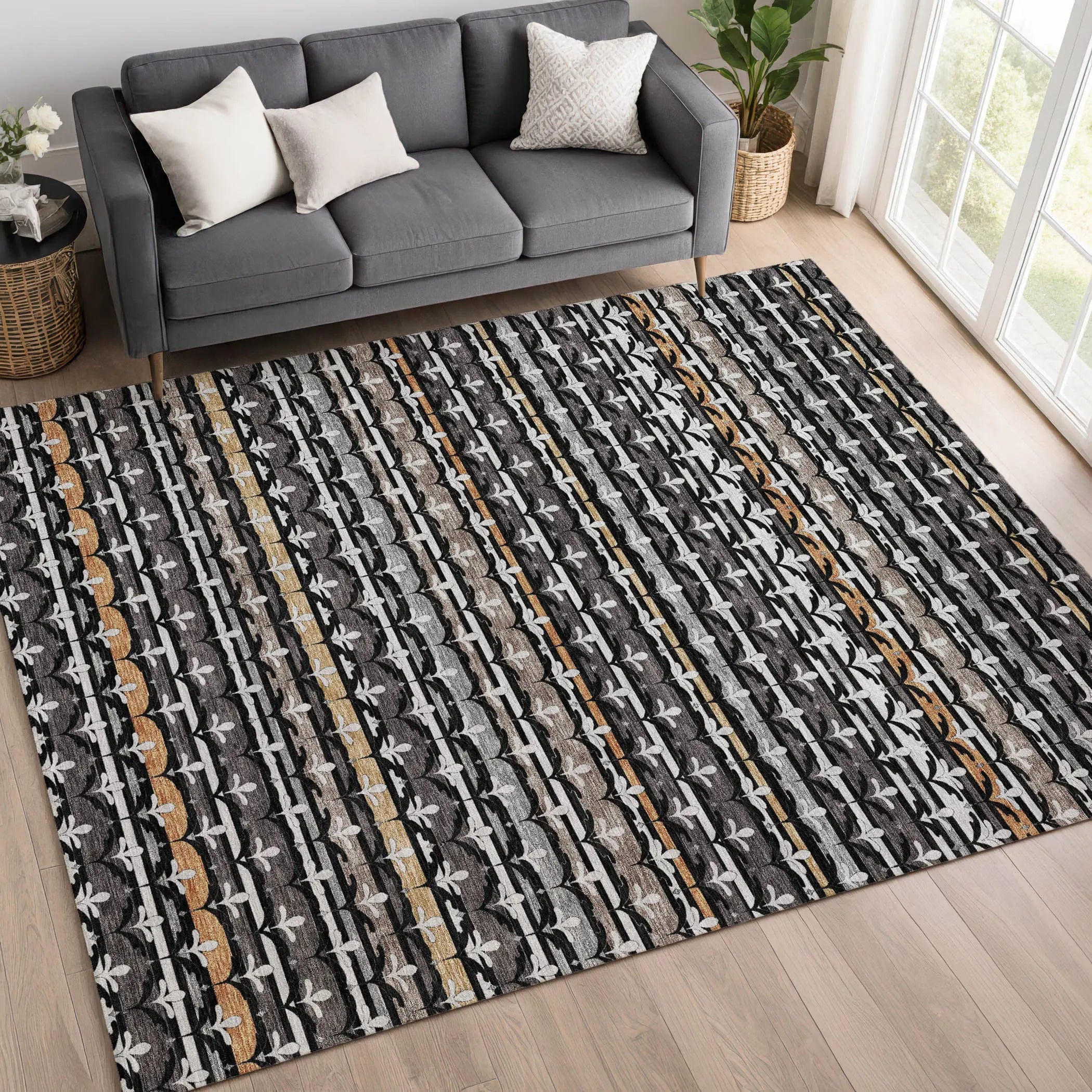 5' X 8' Black And Charcoal Damask Washable Indoor Outdoor Area Rug Homeroots Outdoor
