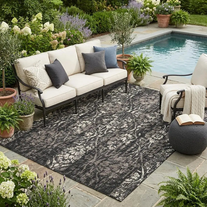 5' X 8' Black And Charcoal Damask Washable Indoor Outdoor Area Rug Homeroots Outdoor